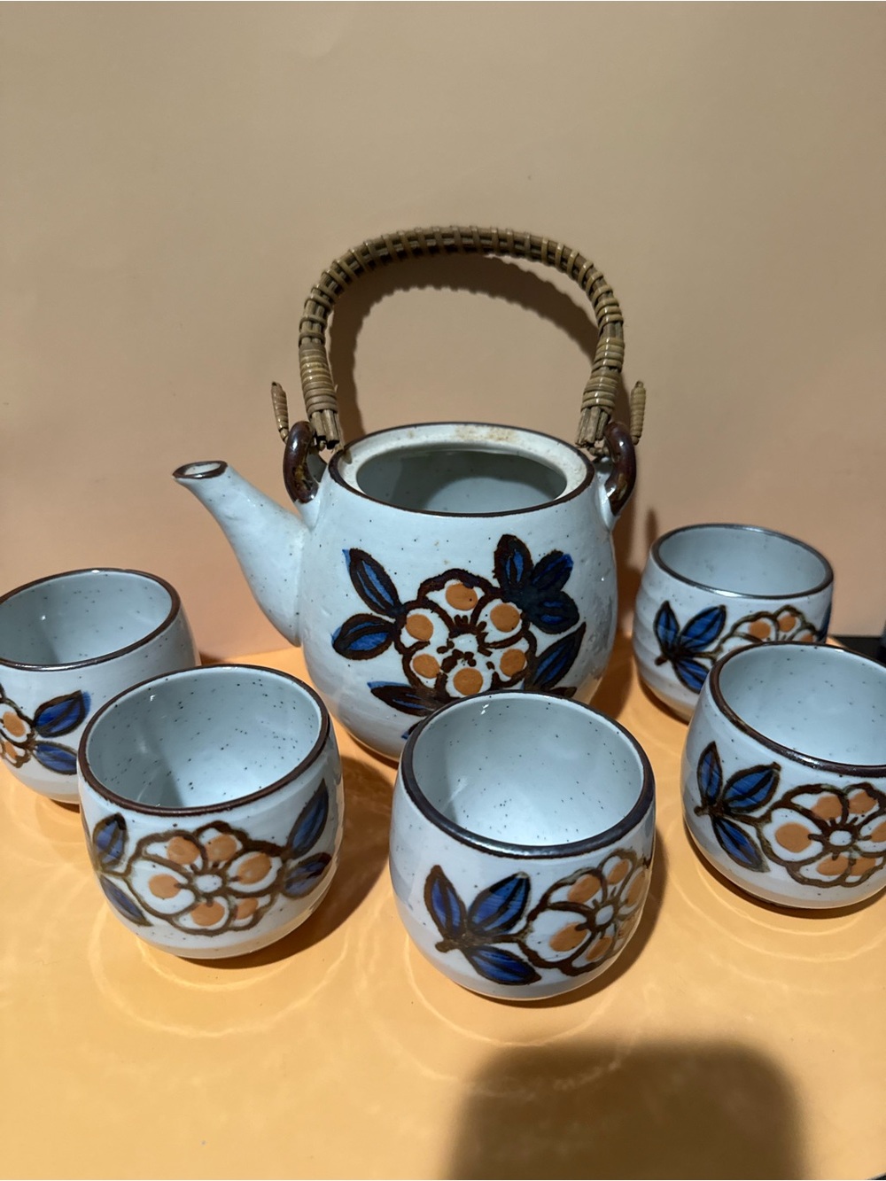 Hand-Painted Floral Ceramic Teapot and Cup Set - White and Blue